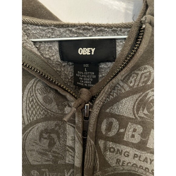 Vintage Obey Full zip Hoodie Army Green Front And Back Graphic men’s Size Large - Picture 4 of 4